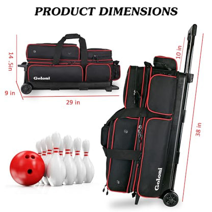 Goloni 3 Ball Bowling Bags with Wheels - Rolling Bowling Bag for 3 Balls & Accessories - Retractable Handle Extends to 38 - color: Red