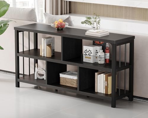 IBF 55“ Black Bookshelf, Industrial Open Horizontal Cube Book Shelf, Low Wide Home 5 Cube Storage Organizer Long Shelf for Bedroom, Wood and Metal Cubby Bookcase for Living Room, Black Oak, 55 inch - color: Black Oak, size: 55 inch