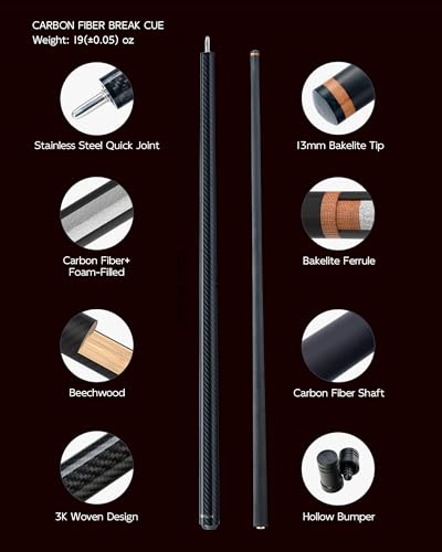 KONLLEN Carbon Fiber Break Cue, 58" 2-Piece Heavy Hitter Pool Break Cue Stick with 12.9mm Tip, Professional Billiards Break Stick - color: KL-HH-2