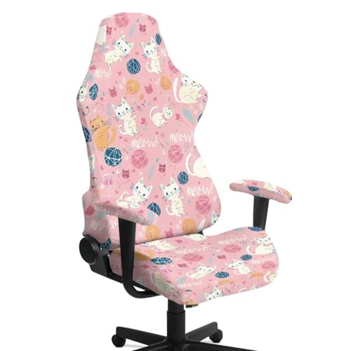 Cartoon Cat Print Gaming Chair Slip Cover Set Universal Fit Computer & Gaming Chair Slipcover with 2 Armrest Covers for Computer Office Seat, Pink - color: Pink - Cartoon Cat