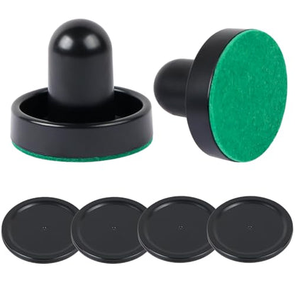 1 Set Mini Air Hockey Pushers and Air Hockey Pucks Great Goal Handles Pushers Goal Handles Paddles Replacement Accessories - 2 Black Air Hockey Pushers and 4 Black Pucks (60mm)