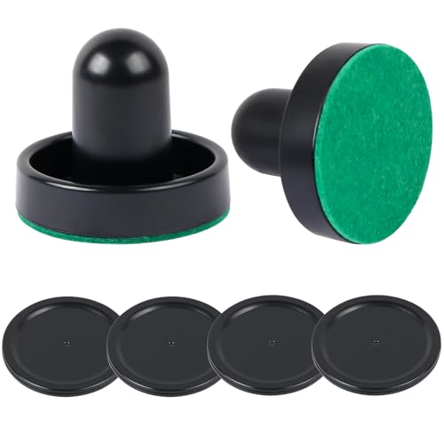 1 Set Mini Air Hockey Pushers and Air Hockey Pucks Great Goal Handles Pushers Goal Handles Paddles Replacement Accessories - 2 Black Air Hockey Pushers and 4 Black Pucks (60mm)