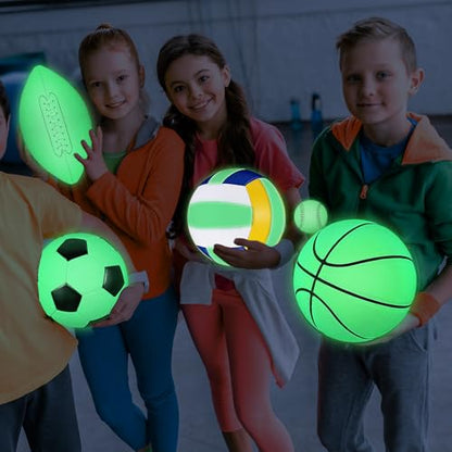 Sratte 5 Pcs Glow in The Dark Sport Ball Set for Kid Teen Official Size Football Basketball Soccer Ball Volleyball Baseball with Carry Bag and Pump Back to School Gift