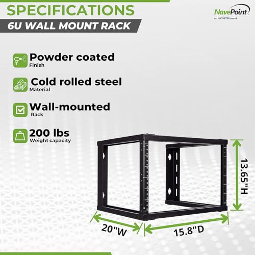 NavePoint 6U Wall Mount Rack - Server Rack for 19 Inch IT Equipment Open Frame Rack – Network Rack for AV & Server Equipment 16” Deep Rack, Black - size: 6U