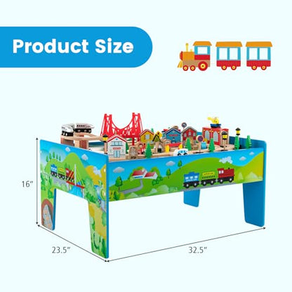 Costzon Train Table, 80 Pcs, Wooden Kids Activity Table Playset with Reversible & Detachable Tabletop, Solid Wood Tracks, Train, Railway, City, DIY Design, Gift for Boys & Girls, Multi-Color - size: 32.5" x 23.5" x 16" (L x W x H)