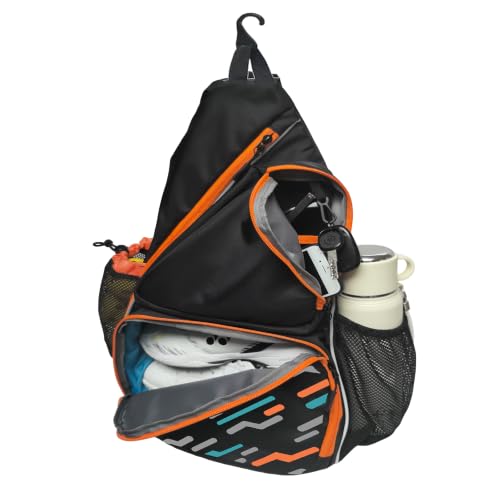 Pickleball Sling Bag with Shoe Compartment - Crossbody Backpack Fits 2 Paddles, 32oz Bottle & Fence Hook, Sports Bag for Men & Women (Shoe Limit: up to US Men's 10 / Women's 11.5) - color: Black/Amber