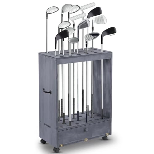 Silipull Golf Club Stand Holder Wooden Golf Club Organizer Putter Display Rack with Storage Drawer and Wheel for Indoor Home Office Simulator Garage - color: Dark Gray