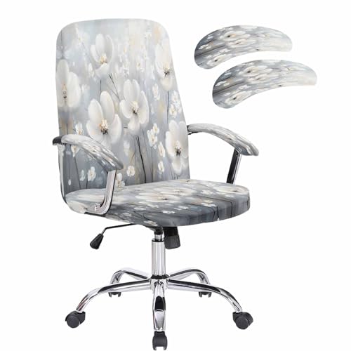 Retro White Camellia Office Chair Cover with Armrest Covers, Spring Farm Oil Painting Universal Stretch Desk Rotating Chair Slipcovers, Removable Seat Protector with Zipper, L - color: White Light Gray Light Blue Mist Blue, size: Large & 2PCS Armrest Cove