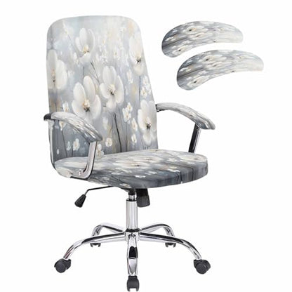 Retro White Camellia Office Chair Cover with Armrest Covers, Spring Farm Oil Painting Universal Stretch Desk Rotating Chair Slipcovers, Removable Seat Protector with Zipper, S - color: White Light Gray Light Blue Mist Blue, size: Small & 2PCS Armrest Cove