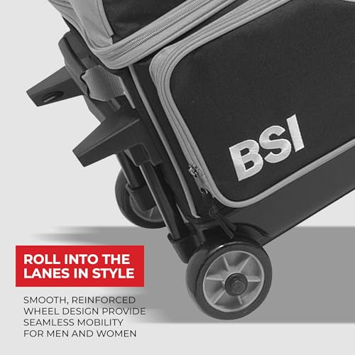BSI Dash Roller Bowling Bag with Smooth Rolling Wheels, Padded Ball Compartment, Retractable Locking Handle, & Shoe Pocket - color: Black/Gray/White, style: Triple