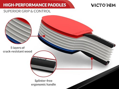 VICTOREM Table Tennis Paddles Set of 4 - Professional Ping Pong Paddles Set with Rubber & Ergonomic Handle for Enhanced Control & Spin - Speed & Control for Ultimate Performance with 8 Balls Included