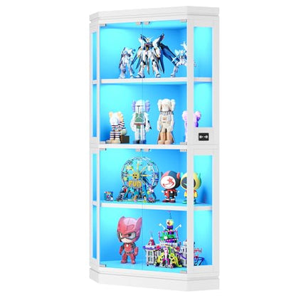 Jocoevol Corner Display Cabinet with 4 Glass Doors, 4-Tier Display Cases with RGB Lights for Collectibles, 67'' Tall Corner Curio Cabinet with Human Body Sensor for Living/Game Room (White)