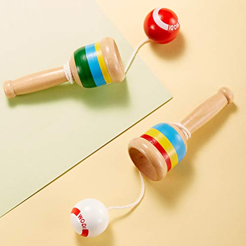 TOODOO 2-piece Wooden Catch Ball, Jacks Game with Paddle, String, Cup and Ball - Mini Wood Catch Balls for Hand-Eye Coordination