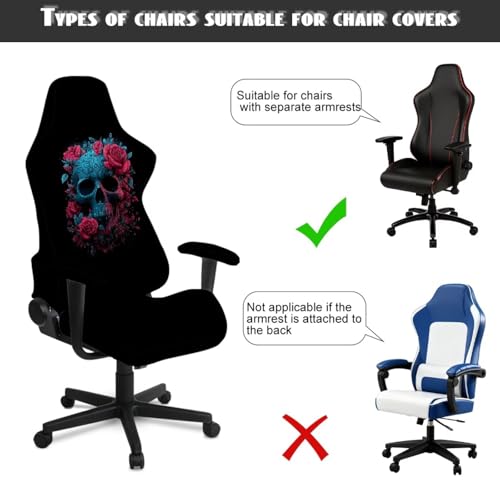 Skull Rose Print Gaming Chair Cover with Armrest Covers Dust-Proof Breathable Computer & Gaming Chair Slipcover Set of 4 Easy to Install Home Decorations - color: Black - Skull Rose