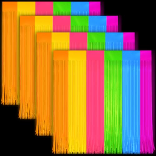 4 Pack Glow in The Dark Curtains Party Supplies 6.6 x 3.3 Ft Glow Tinsel Foil Fringe Curtains Colorful Patchwork Streamer Backdrop for Birthday Holiday Neon Party Decorations - color: Colorful, size: 4 Pack