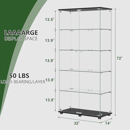 Glass Display Cabinet with 5-Shelf Double Doors and Lock, 5mm Tempered Glass Floor Standing Bookshelf for Living Room, Bedroom, Office, 72 x 32 x 14 in, Black - size: 72 x 32 x 14 in -5-Tier