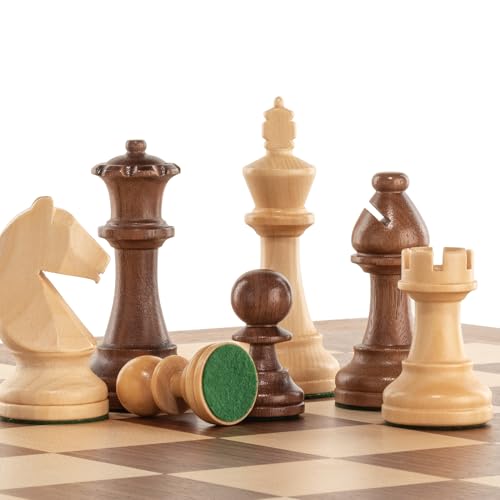A&A Premium Triple Weighted Staunton Wooden Chess Pieces w/ 2 Extra Queen - King Height 3.75"/9.5cm / 2 Storage Bags - Natural Walnut Wood