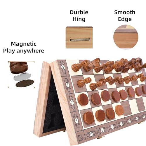 Magnetic Chess & Checkers Set 15", 2-in-1 Foldable Wooden Board | Melamine Surface, Exclusive Numbered Chess Board, Secure Storage Slots, Family Strategy Game for Kids and Adults