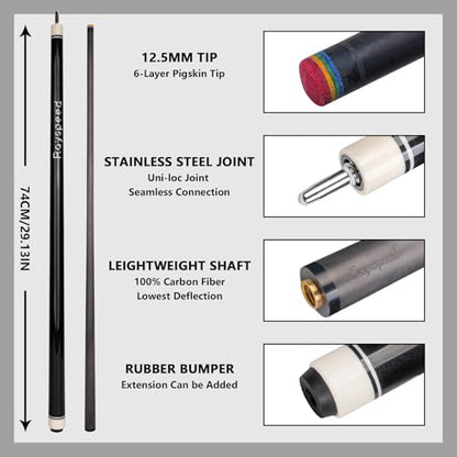 Carbon Fiber Pool Cue Stick 12.5mm Low Deflection Full Carbon Technology Pool Stick for Adults Professional Billiard Cue with Uni-loc Pin Joint - color: Black