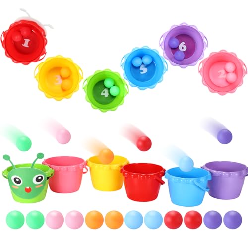 Gemscream Outdoor Toss Ball Game, 6 Pcs Buckets and 12 Pcs Balls Toss Play Set, Summer School Family Outdoor Indoor Yard Party Games for Adults Kids