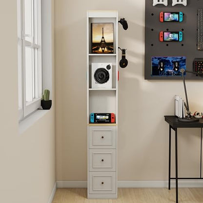 73" Tall Slim Storage Cabinet with 3 Drawers and 2 Hooks, 3-Tier Media Storage Tower for CDs DVDs Game Consoles, Narrow Bookcase Display Shelf for Living Room Bedroom Entryway, Antique White