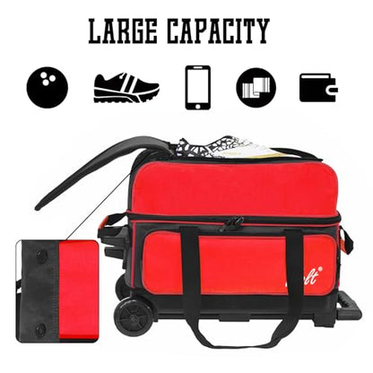 WOLT Double Roller 2 Ball Bowling Bag with Separate Shoe Compartment, Large Capacity Bowling Ball Bag with Accessory Pocket, Retractable Handle Extends to 40" - color: Red
