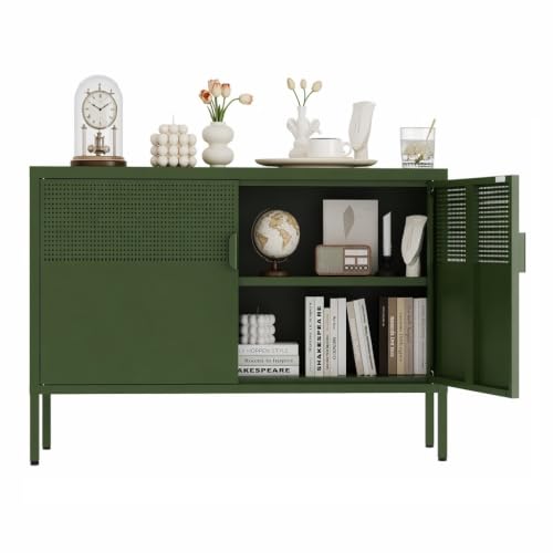 Metal Storage Cabinet,2 Door TV Stand, Metal Mesh Accent Cabinet,Magnetic Door Closure,Low Storage Cabinets with Doors and Shelves - color: Green, size: 25"H
