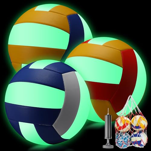 Libima 3 Pcs Glow in The Dark Volleyball with Pump Mesh Bag, Light up Luminous Volleyball Back to School Gift for Teen Adult Official Size 5 Indoor Outdoor Practice Holiday Party Beach Sport Supply