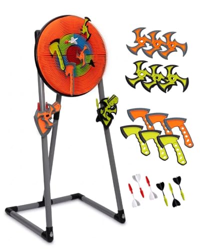 GIRAFFYCO Axe Throwing Game Set for Backyard, Target Stand with 6 Axes, 6 Throwing Stars & 6 Dart-Style Pieces, Indoor/Outdoor Yard Game for Kids, Teens, Adults & Family Play