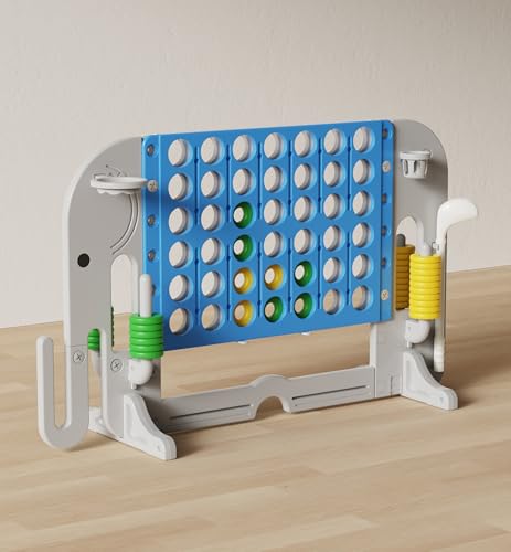Giant 4-in-a-Row Game with Adjustable Height (2.6-4.3 FT) – 3-in-1 Combo (Basketball, Golf, Ring Toss) & Elephant Design, Jumbo Outdoor/Indoor Yard Game Set for Kids, Adults, Family Party