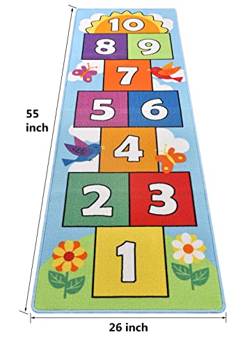 Hop and Count Hopscotch Rug, Kids Floor Play Area Rug Game Carpet Crawl Jump Mat, Children Numbers Learning Non-Slip Rug, Great for Ages 3 to 7 Boys Girls, Home Decor, 26''x55'' - size: 26''x55'' (66x140cm)