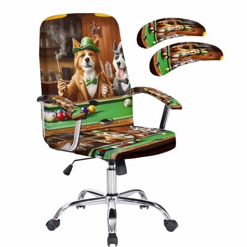 Animal Playing Billiards Office Chair Cover with Armrest Covers, Abstract Dog Universal Stretch Desk Rotating Chair Slipcovers, Board Games Removable Seat Protector with Zipper, L - color: Dark Green Brown, size: Large & 2PCS Armrest Covers