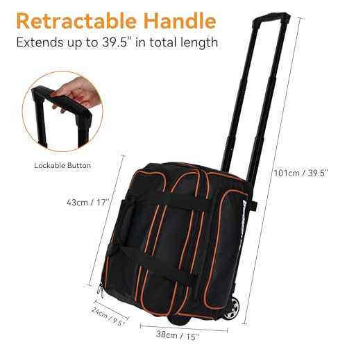 2 Ball Bowling Bag with Wheel,900D Oxford Waterproof PU,Dual Roller Bowling Bag with Sturdy Frame,Large Shoe Compartment Fits Up to Men’s 16,Rolling Bowling Tote, Handle Extends to 39.5" - color: Black