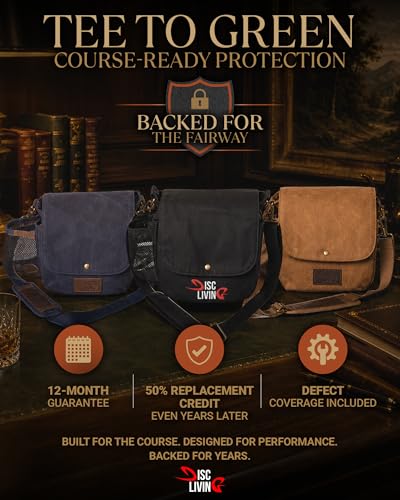 Disc Golf Bag | Frisbee Golf Bag | Easy to Carry | Lightweight Fits Up to 10 Discs | 16 oz Waxed Canvas Sturdy Design | Belt Loop | Double Button Design | Bottle Holder - style: Waxed Canvas / Leather - Black