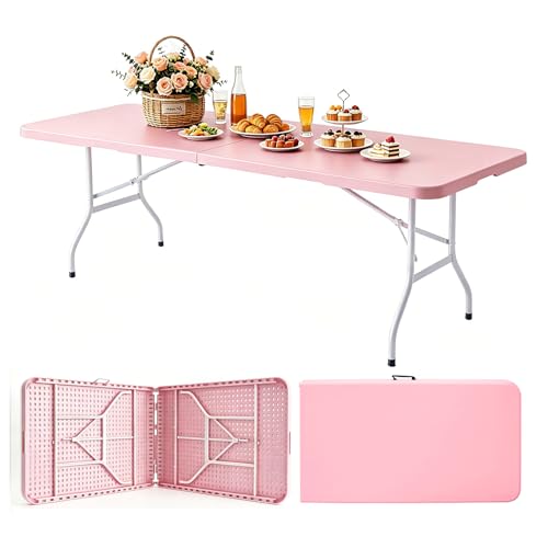 Portable Plastic Folding Table 4ft/6ft/8ft Heavy Duty White Black Picnic Dining Table Fold-in-Half for Camp Party Kitchen Indoor Outdoor - color: Pink, size: 8FT