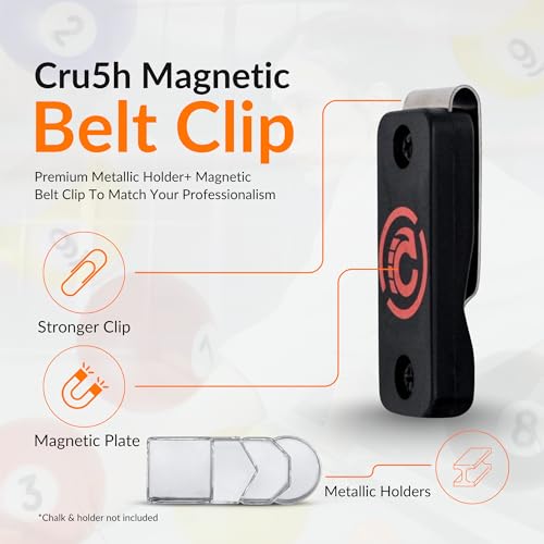 Cru5h Billiards Magnetic Chalk Holder Belt Clip - Rare Earth Neodymium Magnet Belt Clip with Metal Chalk Holders - Circle, Hexagon, Octagon, and Square Included
