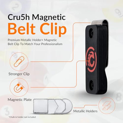 Cru5h Billiards Magnetic Chalk Holder Belt Clip - Rare Earth Neodymium Magnet Belt Clip with Metal Chalk Holders - Circle, Hexagon, Octagon, and Square Included