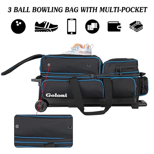 Goloni 3 Ball Bowling Bags with Wheels - Rolling Bowling Bag for 3 Balls & Accessories - Retractable Handle Extends to 38 - color: Blue