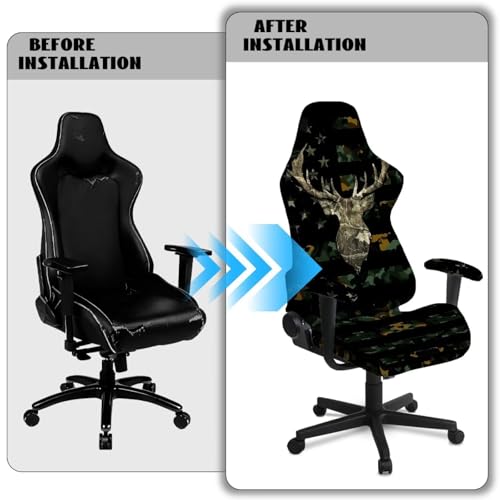 Suobstales Deer American Flag Camo Pattern Computer Game Chair Covers with Armrest Cover Washable Computer Chair Slipcovers Removable Kitchen Chair Covers for Home Kitchen Restaurant - color: Deer American Flag Camo