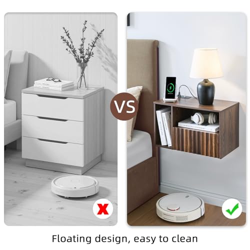 BuildHom Floating Nightstand with Charging Station, Walnut Fluted Wall Mounted NightStand with Drawers, Bedside with USB Ports and Outlets, Bedroom Furniture (Set of 2) - color: Walnut, size: Set of 2