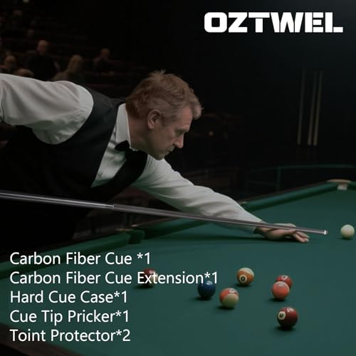 Carbon Fiber Pool Cue Stick, 12.4mm 8-Layer Tip Low Deflection Pool Cue Professional Pool Sticks for Adults with Pro Taper Cue Shaft 3/8 x 8 Joint Pin - color: Black with Extension