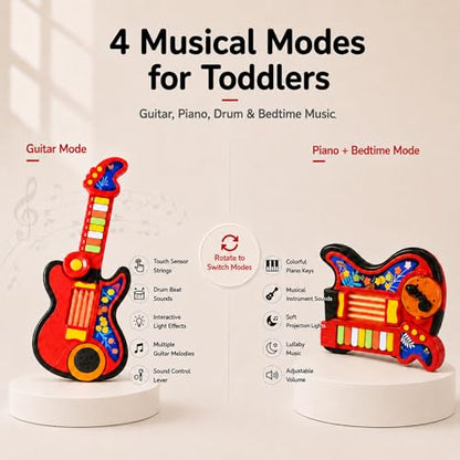 Toddler Guitar Toy for Boys & Girls 1-3, 4-in-1 Touch & Play Kids Guitar Piano Musical Toy with Projector Light, Drum, Lullabies & Volume Control, First Guitar Birthday Gift for Kids & Babies Ages 1-5 - color: Red