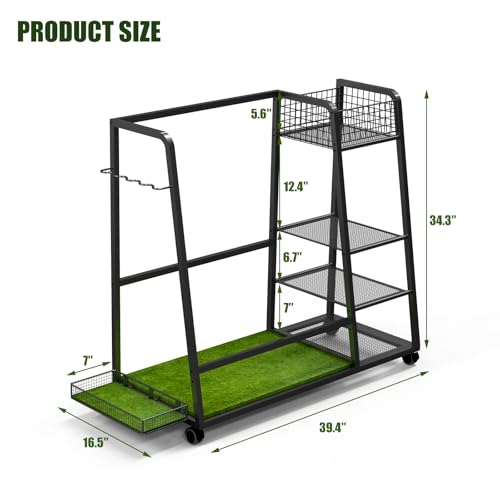 TooCust Golf Bag Storage Rack for Garage – Heavy Duty Golf Organizer Fits 2 Bags with Locking Wheels, Freestanding Golf Club Rack with Shelves & Turf Mat Base for Equipment, Shoes, Accessories