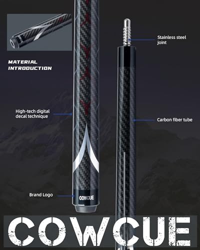 CRICAL COWCUE 58-Inch Carbon Fiber Pool Cue, Low Deflection, 12.5mm Tip | Adjustable pool cue with 3/8x8 joint for stable control, regular billiards practice and pool hall play. - color: CW-02