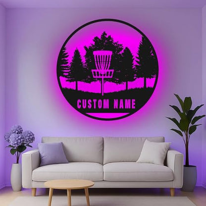 Custom Disc Golf Basket Led Light Metal Wall Art Personalized Gift for Disc Golf Enthusiasts Outdoor Sports Decor