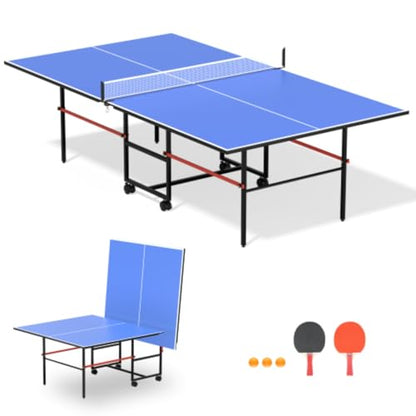 8ft Folding Ping Pong Table Set, Medium Ping Pong Table Set, Adjustable Legs and Rubber Suction Cups, Aluminum Frame, Folding Legs, 4 Wheels