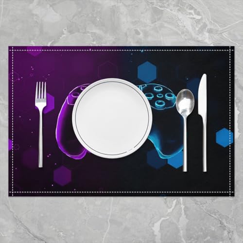 Erosebridal Gamepad 4 PCS of Placemats 12x18 Game Controller Place Mat for Dining Table Boys Honeycomb Hexagon Non Slip Table Mats Modern Spots Purple Blue - color: Purple Blue