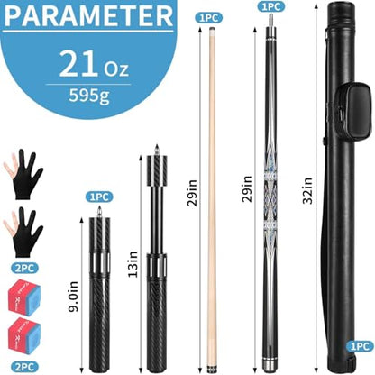 Kmise Professional Pool Cue Stick, 18 19 20oz Canadian Maple Cue Sticks, Low Deflection Shaft with Telescopic Extension Cue - color: Black & Blue, size: 21oz