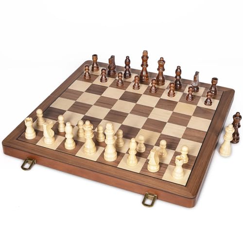 ELONGDI 15" Wooden Chess Set with Magnetic Pieces - Extra Queens - Folding Chessboard Portable Travel Tournament Chess Board Games for Adults Kids - size: 15 Inches