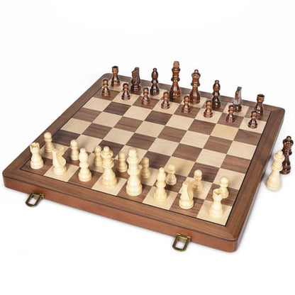 ELONGDI 15" Wooden Chess Set with Magnetic Pieces - Extra Queens - Folding Chessboard Portable Travel Tournament Chess Board Games for Adults Kids - size: 15 Inches